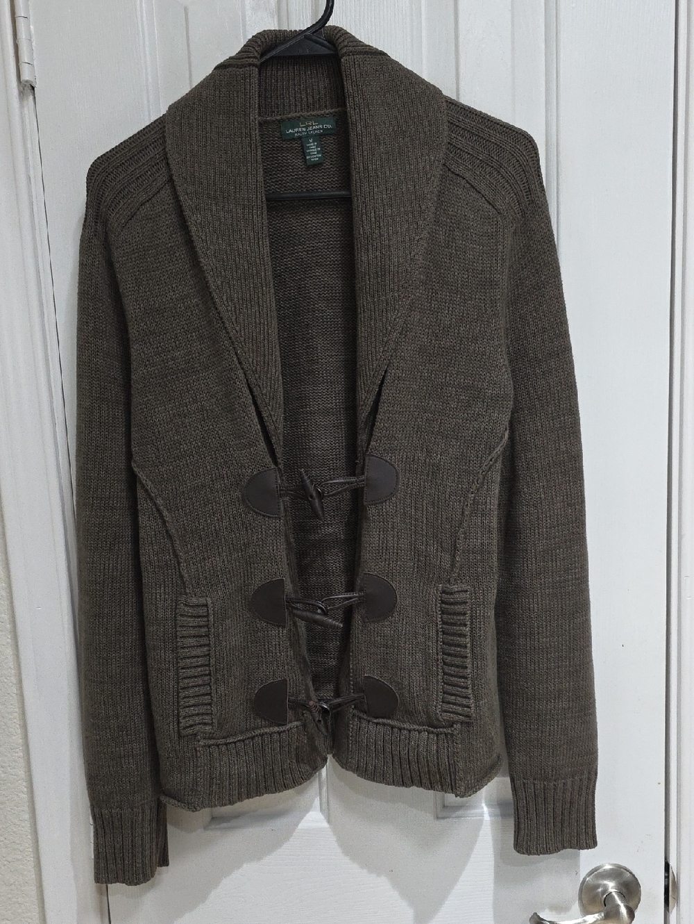 Lauren Ralph Lauren Chocolar Shawl Collar Toggle Cardigan Green Gray Kind  Color
